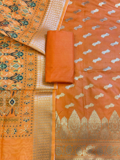 Orange Katan Silk Floral Zari Booti with Cotton Print Dupatta Banarasi 3 pcs Suit Set 1500AJ_KCP3