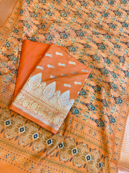 Orange Katan Silk Floral Zari Booti with Cotton Print Dupatta Banarasi 3 pcs Suit Set 1500AJ_KCP3
