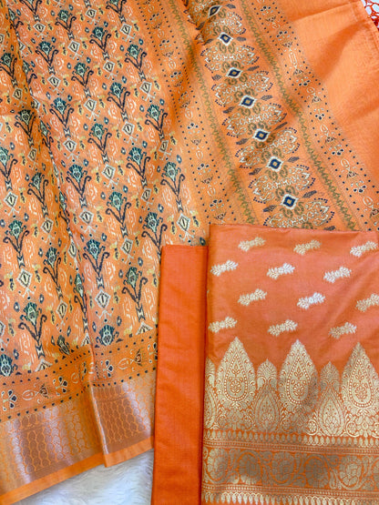 Orange Katan Silk Floral Zari Booti with Cotton Print Dupatta Banarasi 3 pcs Suit Set 1500AJ_KCP3