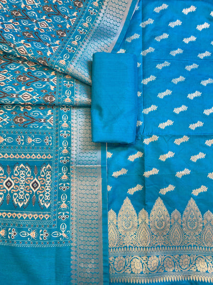 Sky Blue Katan Silk Floral Zari Booti with Cotton Print Dupatta Banarasi 3 pcs Suit Set 1500AJ_KCP4