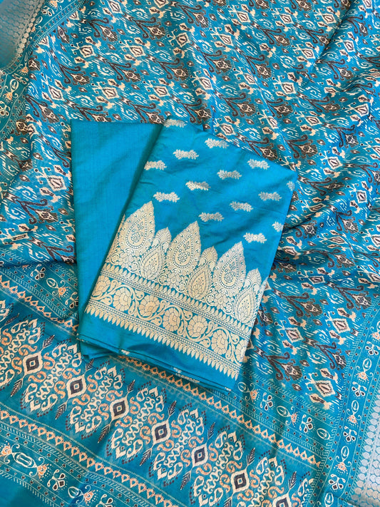 Sky Blue Katan Silk Floral Zari Booti with Cotton Print Dupatta Banarasi 3 pcs Suit Set 1500AJ_KCP4