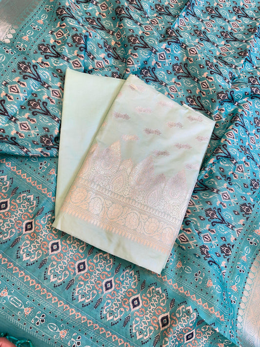 Seagreen Katan Silk Floral Zari Booti with Cotton Print Dupatta Banarasi 3 pcs Suit Set 1500AJ_KCP5