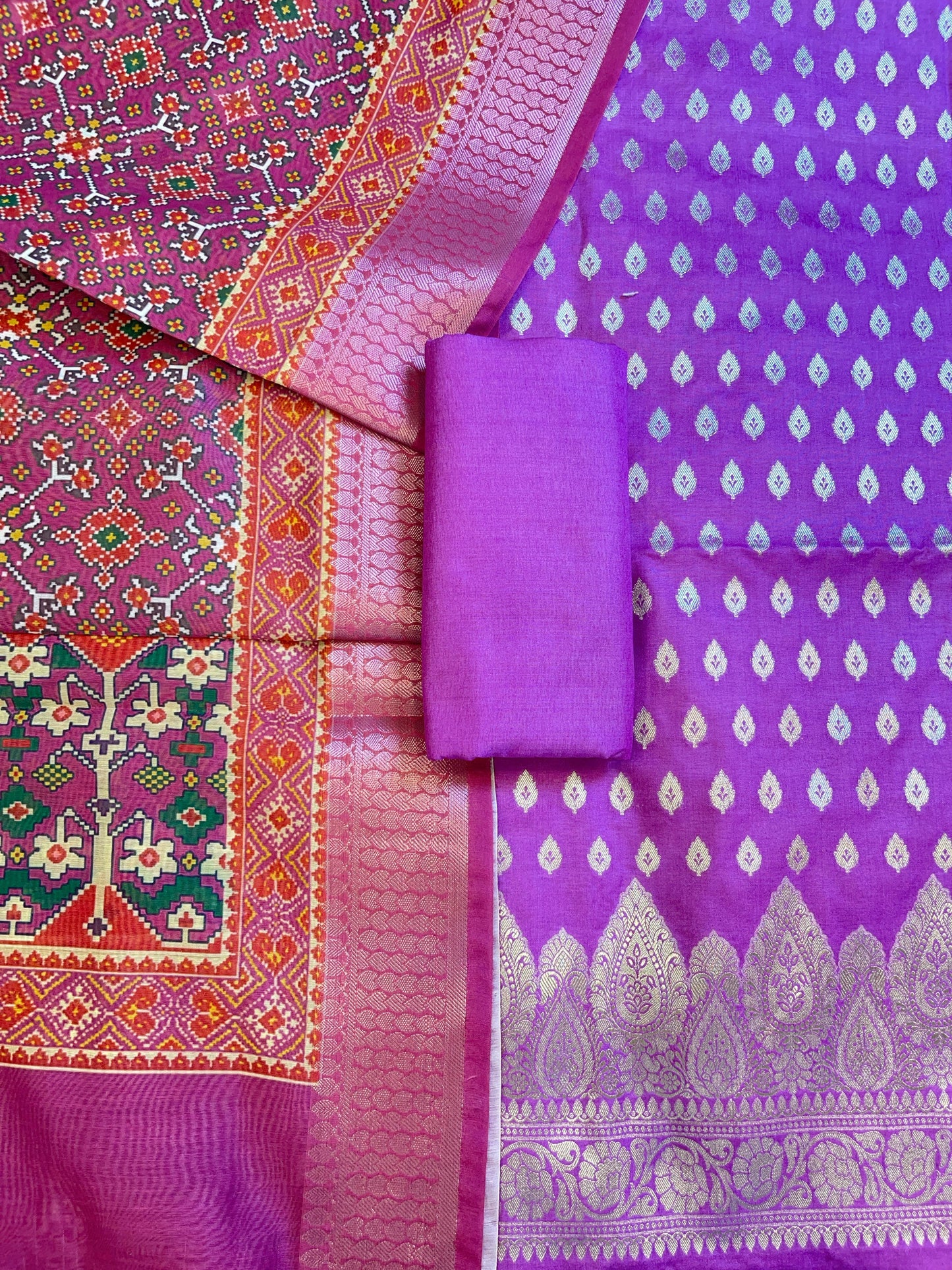 Purple Katan Silk Floral Chunri Booti with Cotton Print Dupatta Banarasi 3 pcs Suit Set 1500AJ_KCP6