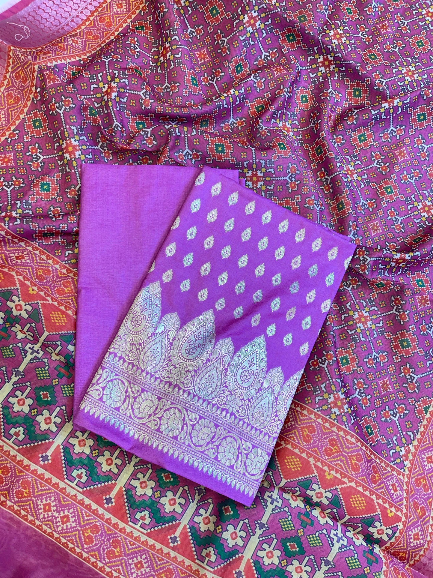 Purple Katan Silk Floral Chunri Booti with Cotton Print Dupatta Banarasi 3 pcs Suit Set 1500AJ_KCP6