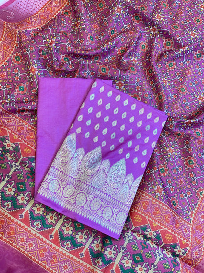 Purple Katan Silk Floral Chunri Booti with Cotton Print Dupatta Banarasi 3 pcs Suit Set 1500AJ_KCP6