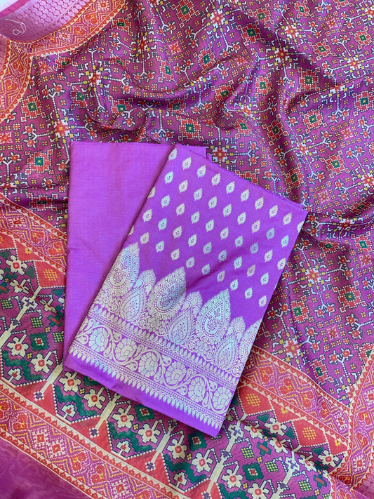 Purple Katan Silk Floral Chunri Booti with Cotton Print Dupatta Banarasi 3 pcs Suit Set 1500AJ_KCP6
