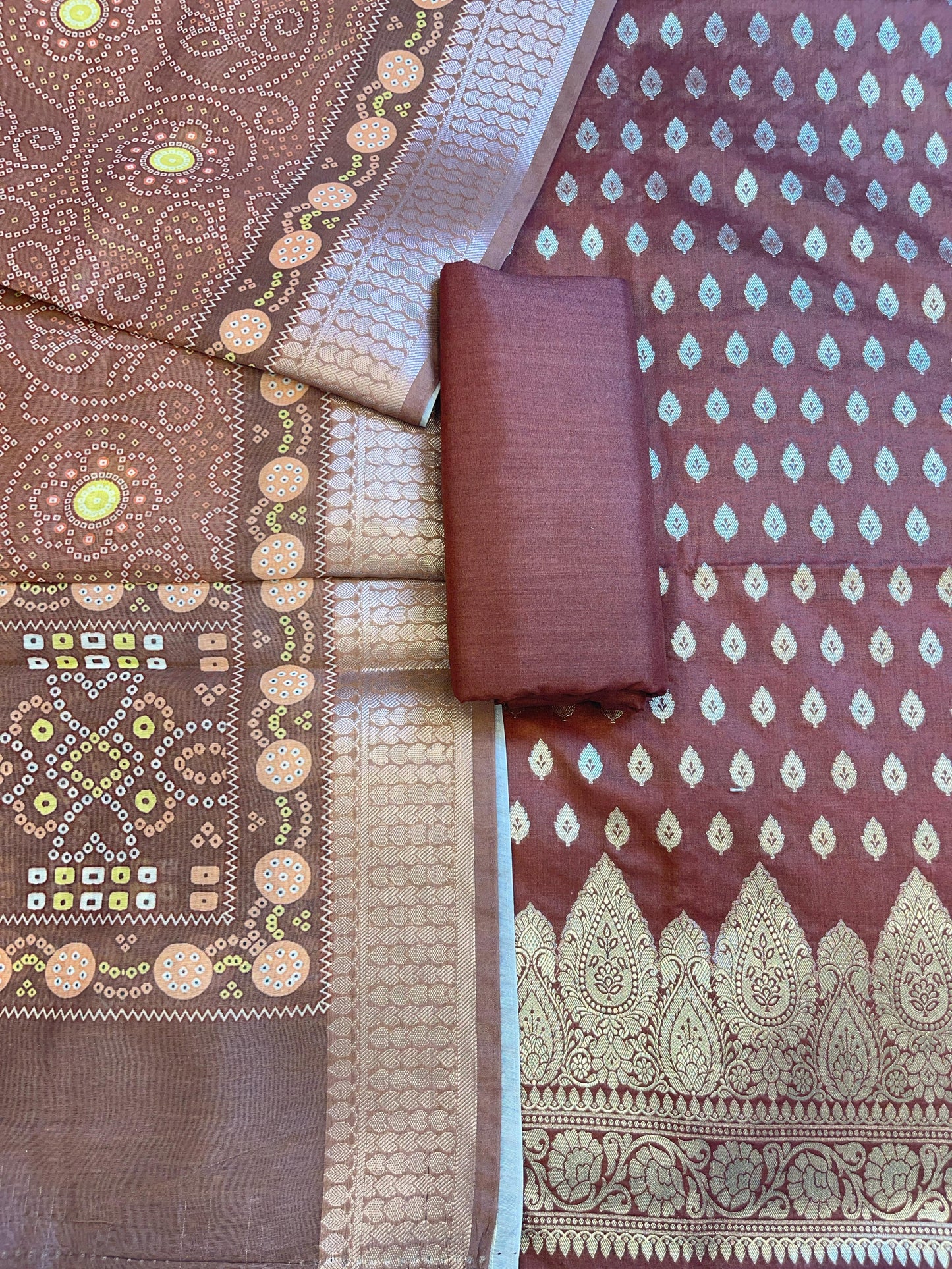 Brown Katan Silk Floral Chunri Booti with Cotton Print Dupatta Banarasi 3 pcs Suit Set 1500AJ_KCP7