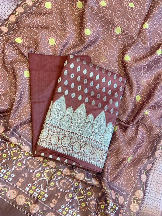 Brown Katan Silk Floral Chunri Booti with Cotton Print Dupatta Banarasi 3 pcs Suit Set 1500AJ_KCP7
