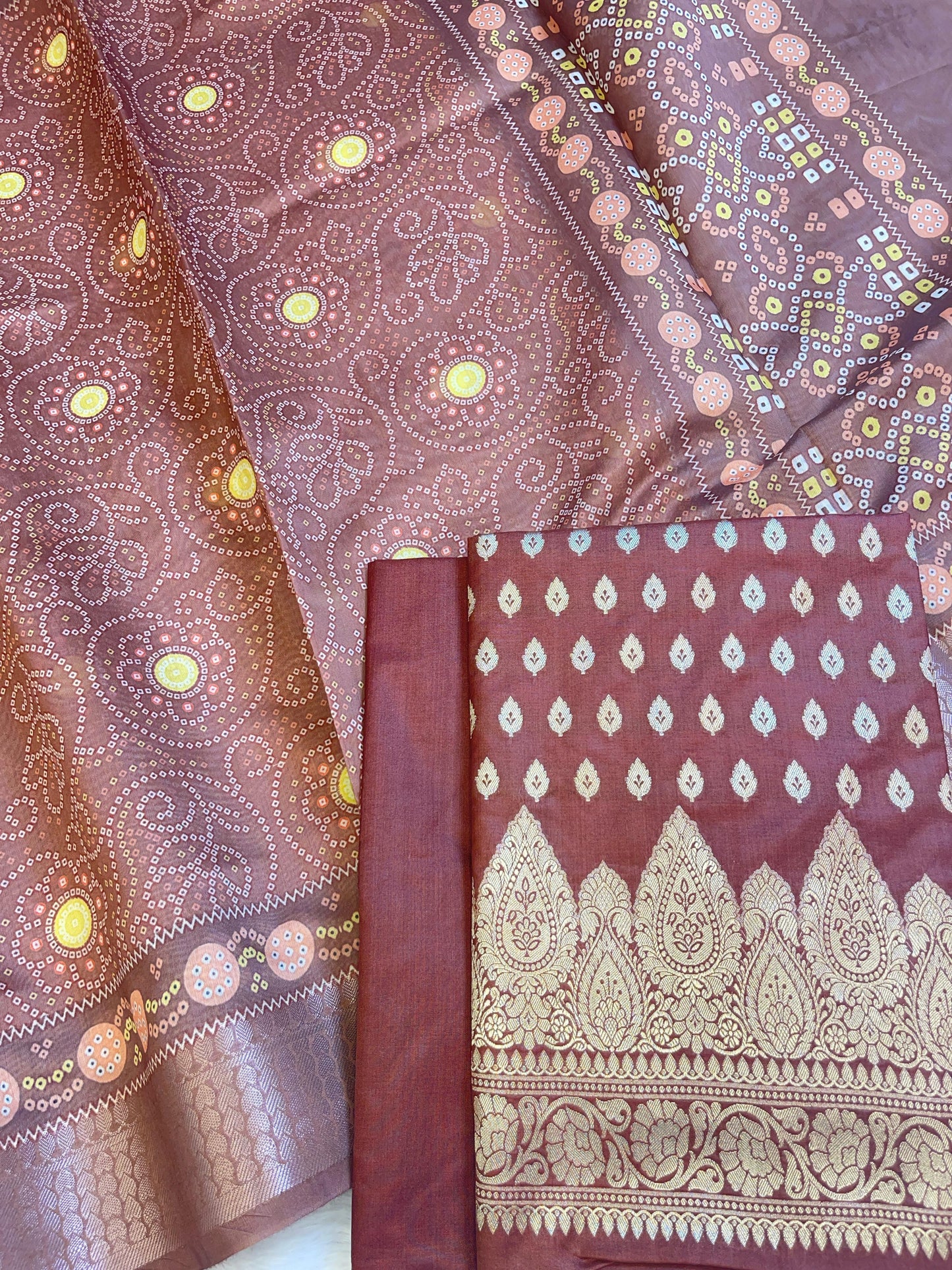 Brown Katan Silk Floral Chunri Booti with Cotton Print Dupatta Banarasi 3 pcs Suit Set 1500AJ_KCP7