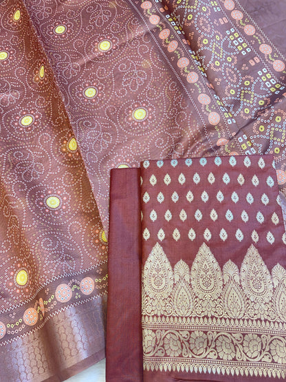 Brown Katan Silk Floral Chunri Booti with Cotton Print Dupatta Banarasi 3 pcs Suit Set 1500AJ_KCP7