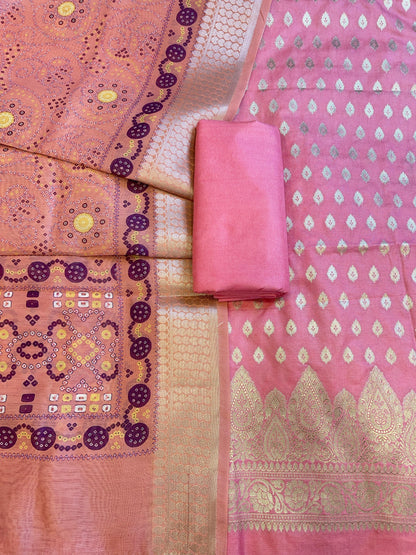 Pink Katan Silk Floral Chunri Booti with Cotton Print Dupatta Banarasi 3 pcs Suit Set 1500AJ_KCP8