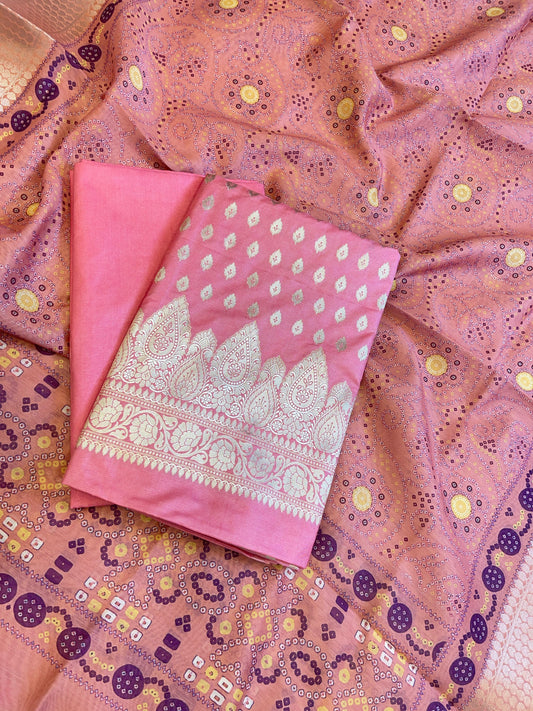 Pink Katan Silk Floral Chunri Booti with Cotton Print Dupatta Banarasi 3 pcs Suit Set 1500AJ_KCP8