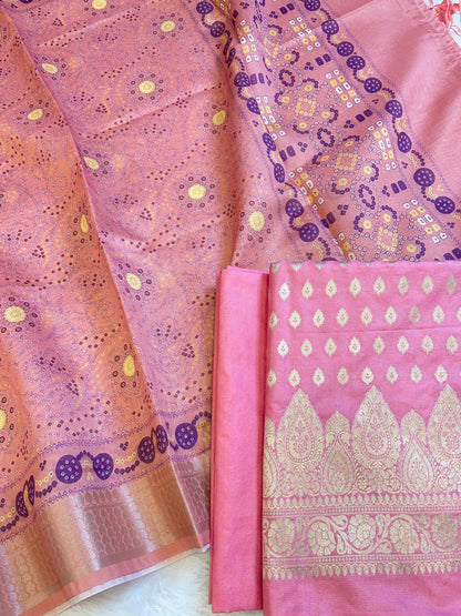 Pink Katan Silk Floral Chunri Booti with Cotton Print Dupatta Banarasi 3 pcs Suit Set 1500AJ_KCP8