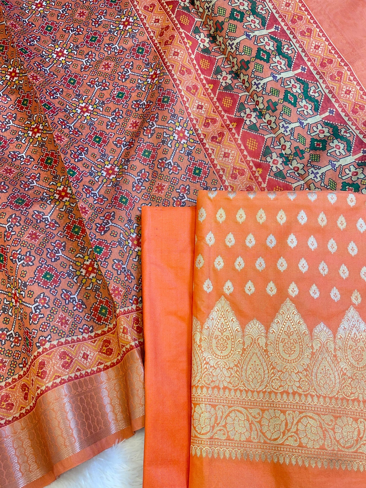 Orange Katan Silk Floral Chunri Booti with Cotton Print Dupatta Banarasi 3 pcs Suit Set 1500AJ_KCP9