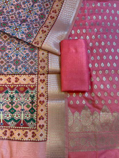 Peach Katan Silk Floral Chunri Booti with Cotton Print Dupatta Banarasi 3 pcs Suit Set 1500AJ_KCP10