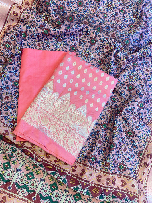 Peach Katan Silk Floral Chunri Booti with Cotton Print Dupatta Banarasi 3 pcs Suit Set 1500AJ_KCP10