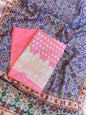 Peach Katan Silk Floral Chunri Booti with Cotton Print Dupatta Banarasi 3 pcs Suit Set 1500AJ_KCP10