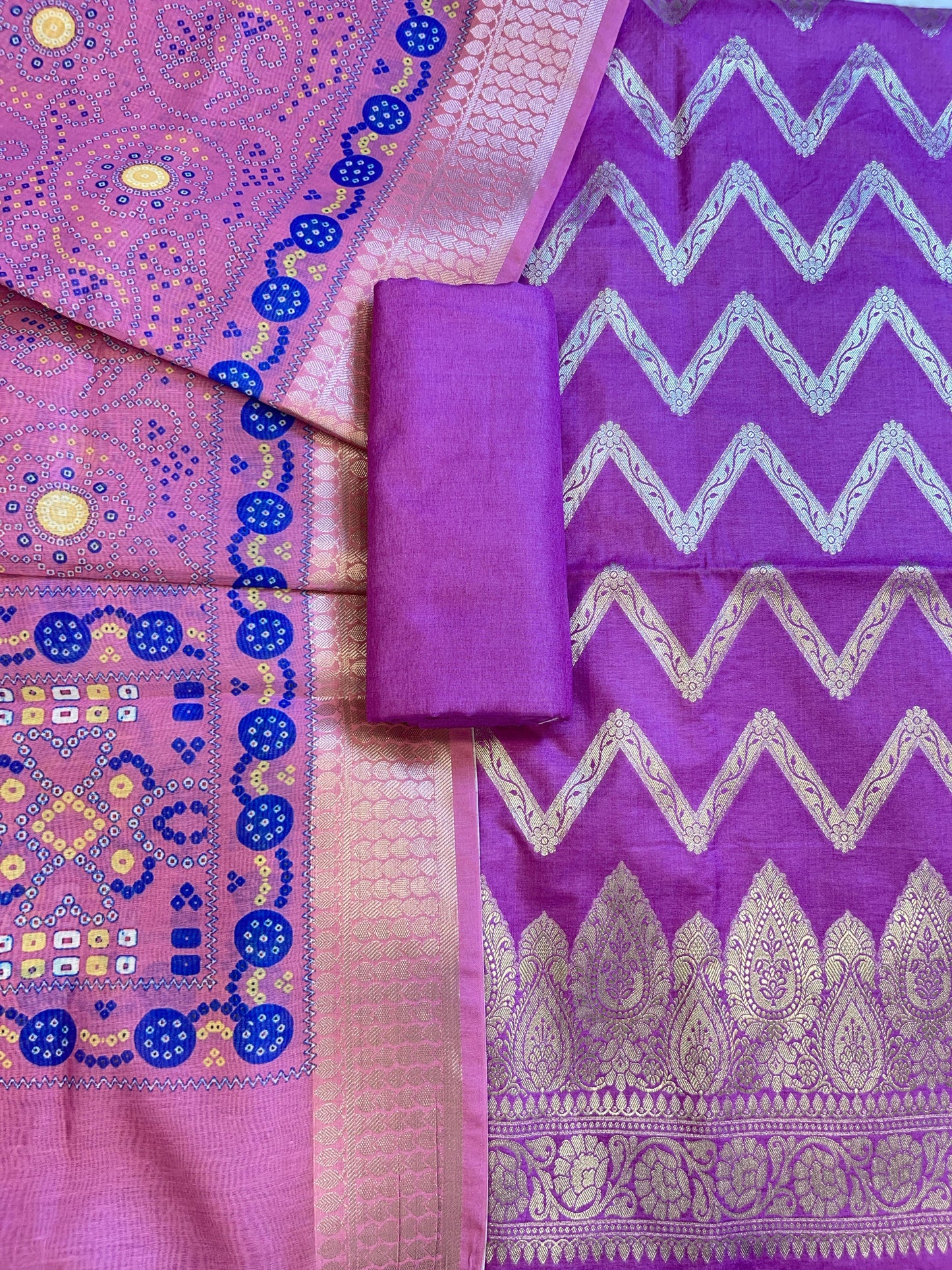 Purple Katan Silk Zari Zig-Zag with Cotton Print Dupatta Banarasi 3 pcs Suit Set 1500AJ_KCP11