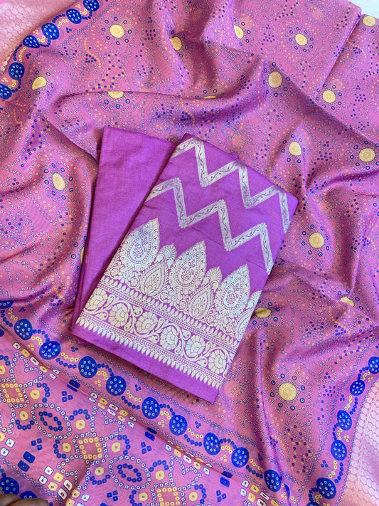 Purple Katan Silk Zari Zig-Zag with Cotton Print Dupatta Banarasi 3 pcs Suit Set 1500AJ_KCP11