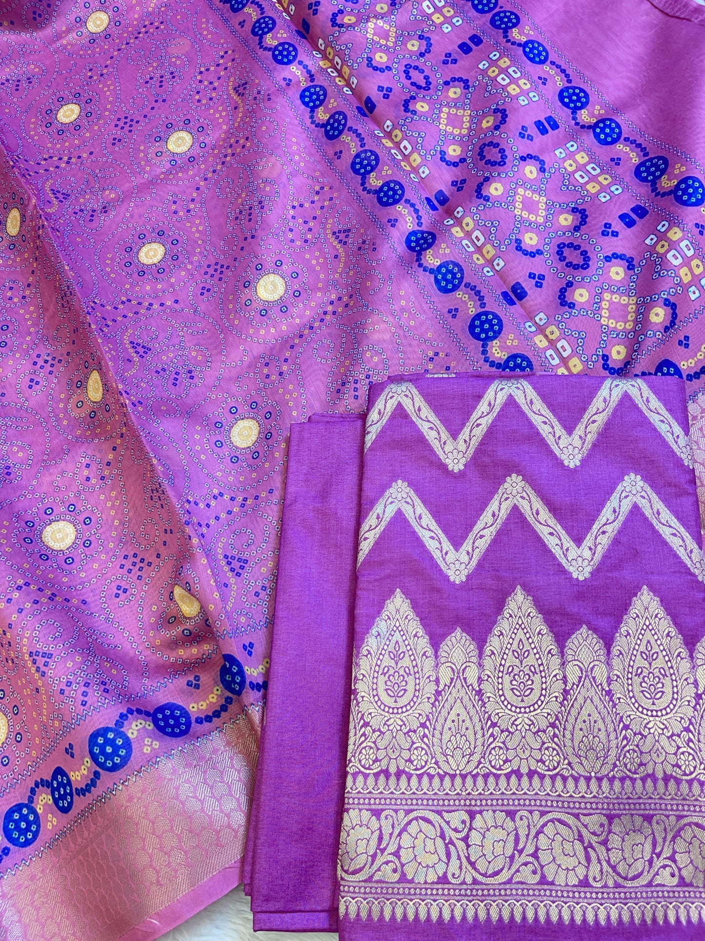 Purple Katan Silk Zari Zig-Zag with Cotton Print Dupatta Banarasi 3 pcs Suit Set 1500AJ_KCP11