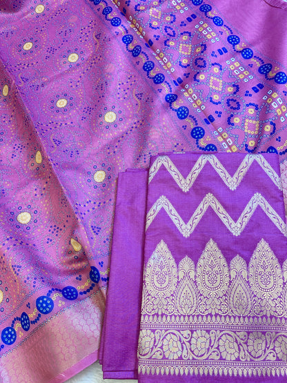 Purple Katan Silk Zari Zig-Zag with Cotton Print Dupatta Banarasi 3 pcs Suit Set 1500AJ_KCP11
