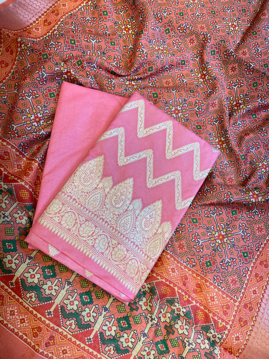 Pink Katan Silk Zari Zig-Zag with Cotton Print Dupatta Banarasi 3 pcs Suit Set 1500AJ_KCP12