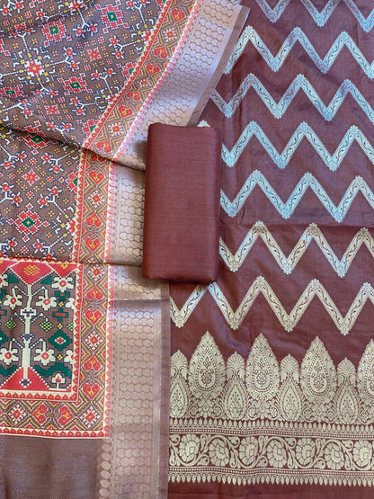 Brown Katan Silk Zari Zig-Zag with Cotton Print Dupatta Banarasi 3 pcs Suit Set 1500AJ_KCP13