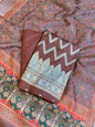 Brown Katan Silk Zari Zig-Zag with Cotton Print Dupatta Banarasi 3 pcs Suit Set 1500AJ_KCP13