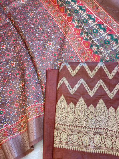 Brown Katan Silk Zari Zig-Zag with Cotton Print Dupatta Banarasi 3 pcs Suit Set 1500AJ_KCP13