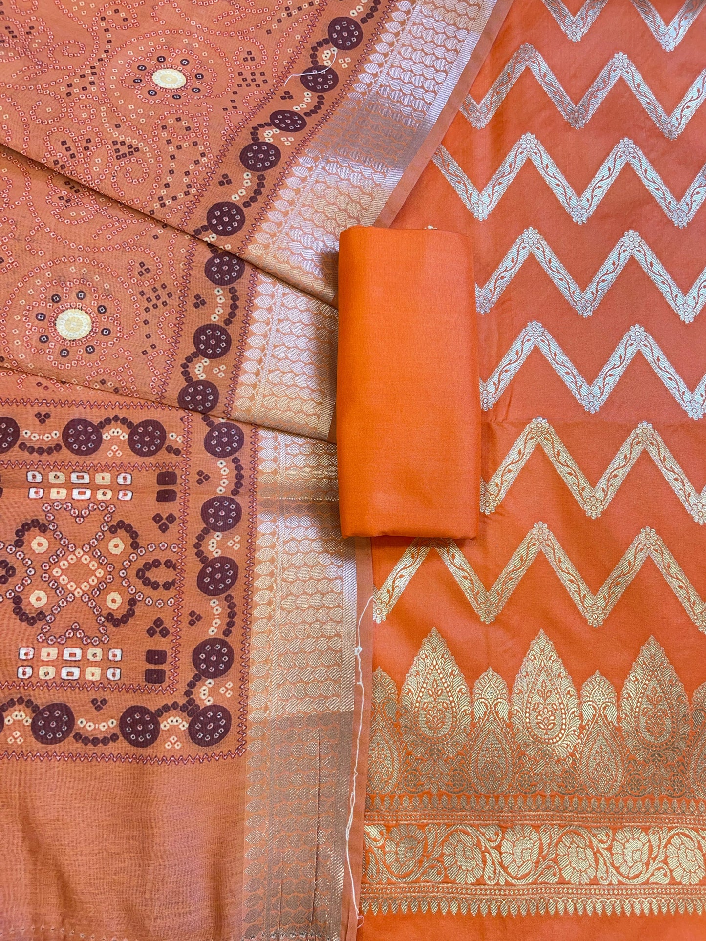 Orange Katan Silk Zari Zig-Zag with Cotton Print Dupatta Banarasi 3 pcs Suit Set 1500AJ_KCP14