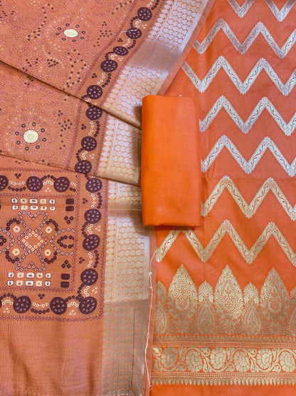 Orange Katan Silk Zari Zig-Zag with Cotton Print Dupatta Banarasi 3 pcs Suit Set 1500AJ_KCP14