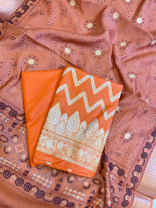 Orange Katan Silk Zari Zig-Zag with Cotton Print Dupatta Banarasi 3 pcs Suit Set 1500AJ_KCP14