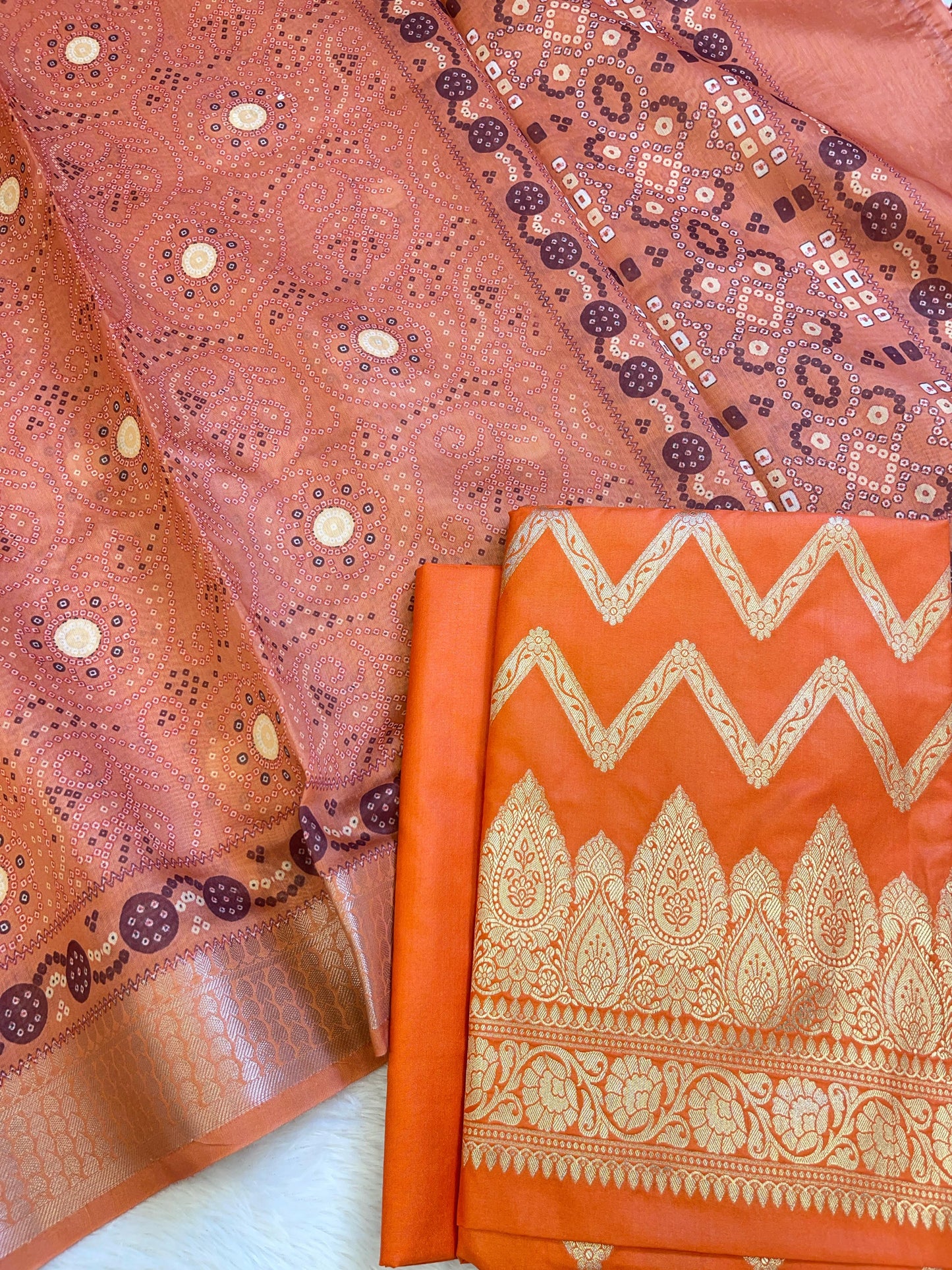 Orange Katan Silk Zari Zig-Zag with Cotton Print Dupatta Banarasi 3 pcs Suit Set 1500AJ_KCP14