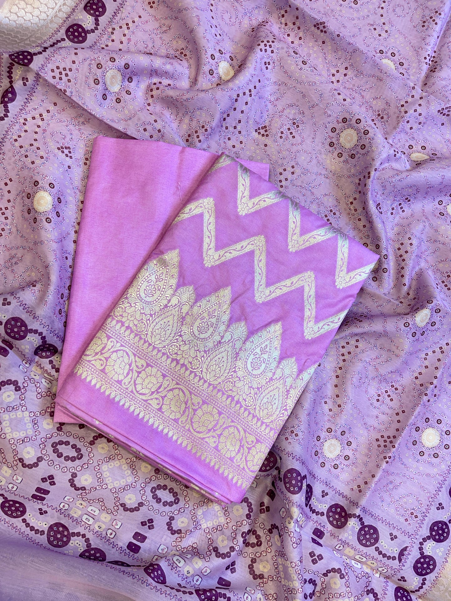 Lavender Katan Silk Zari Zig-Zag with Cotton Print Dupatta Banarasi 3 pcs Suit Set 1500AJ_KCP15