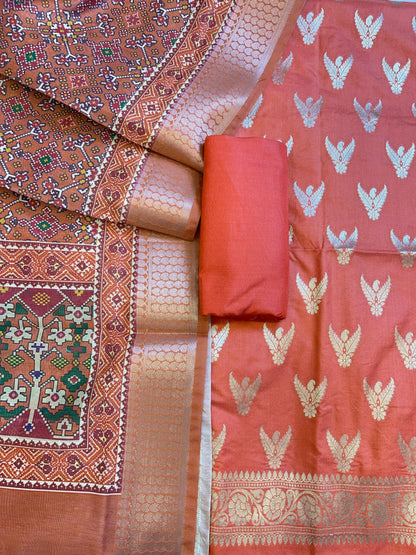 Orange Katan Silk Zari Zig-Zag with Cotton Print Dupatta Banarasi 3 pcs Suit Set 1500AJ_KCP16