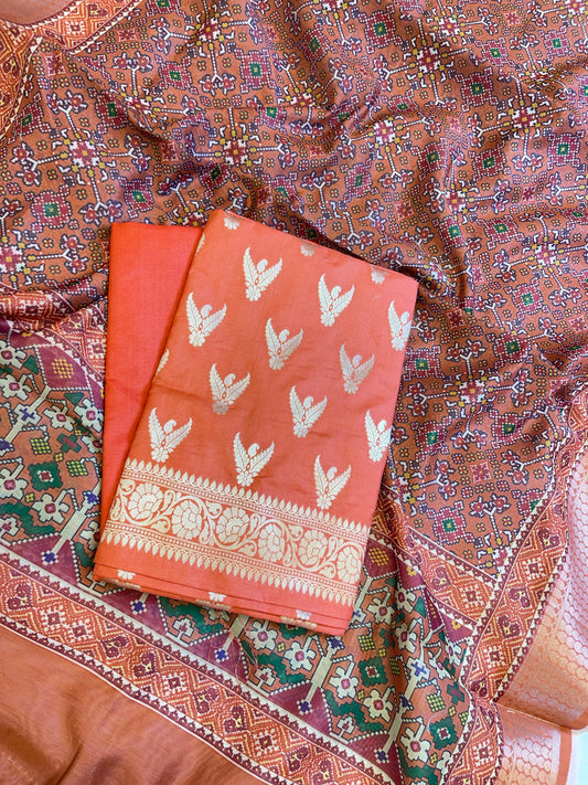 Orange Katan Silk Zari Zig-Zag with Cotton Print Dupatta Banarasi 3 pcs Suit Set 1500AJ_KCP16