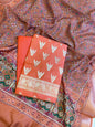 Orange Katan Silk Zari Zig-Zag with Cotton Print Dupatta Banarasi 3 pcs Suit Set 1500AJ_KCP16