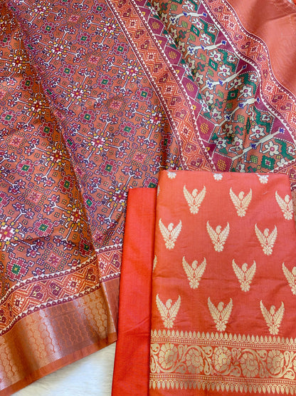Orange Katan Silk Zari Zig-Zag with Cotton Print Dupatta Banarasi 3 pcs Suit Set 1500AJ_KCP16