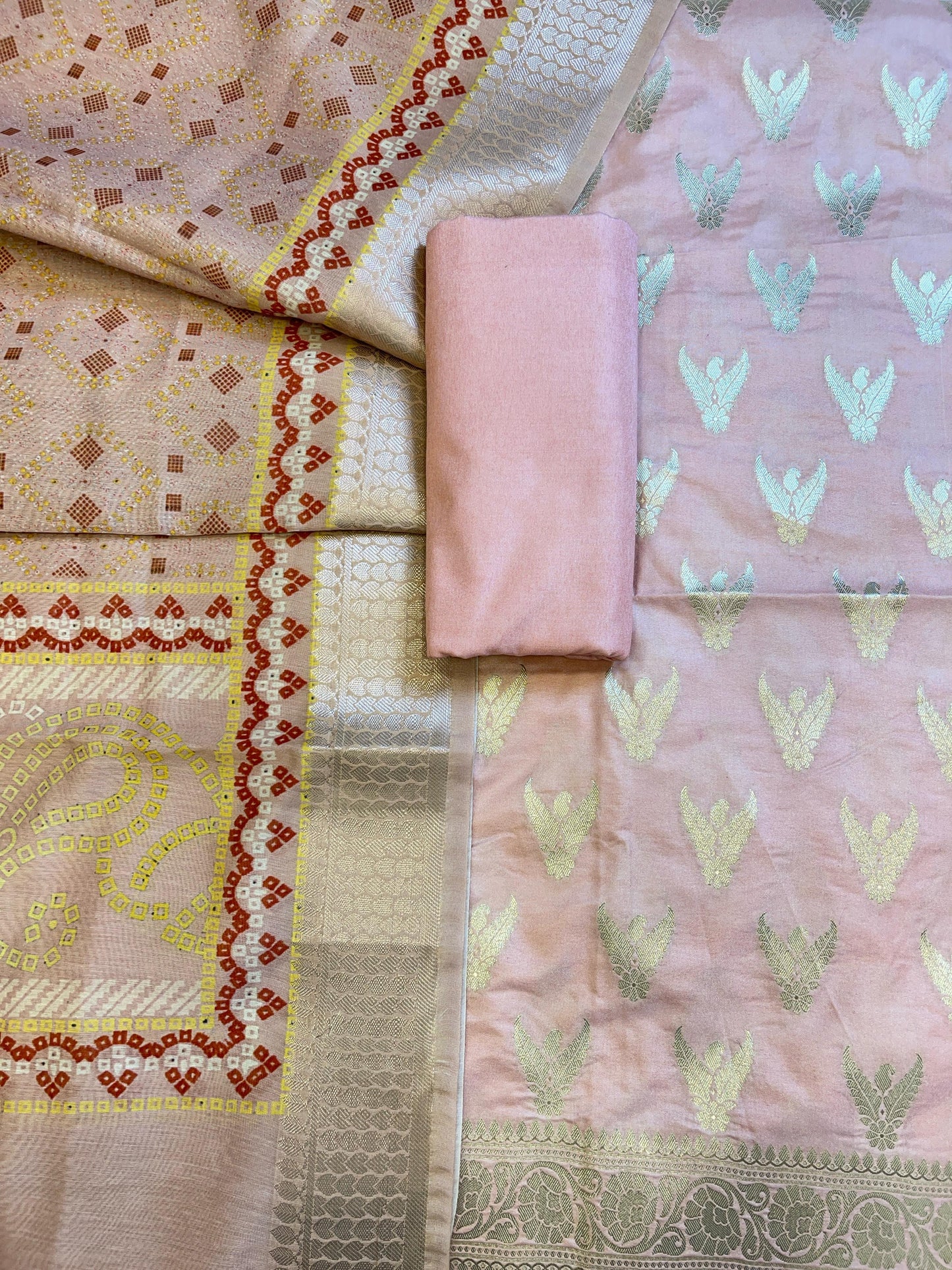 Baby Pink Katan Silk Zari Zig-Zag with Cotton Print Dupatta Banarasi 3 pcs Suit Set 1500AJ_KCP17
