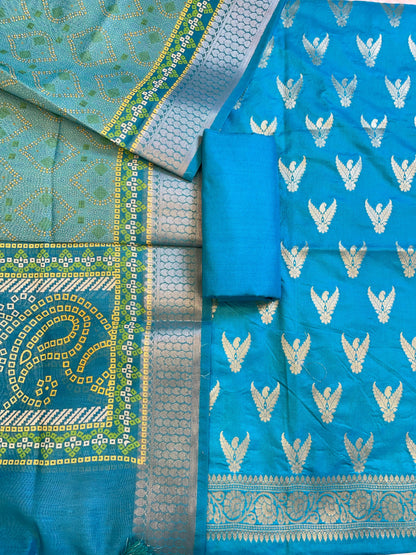 Seagreen Katan Silk Zari Zig-Zag with Cotton Print Dupatta Banarasi 3 pcs Suit Set 1500AJ_KCP18