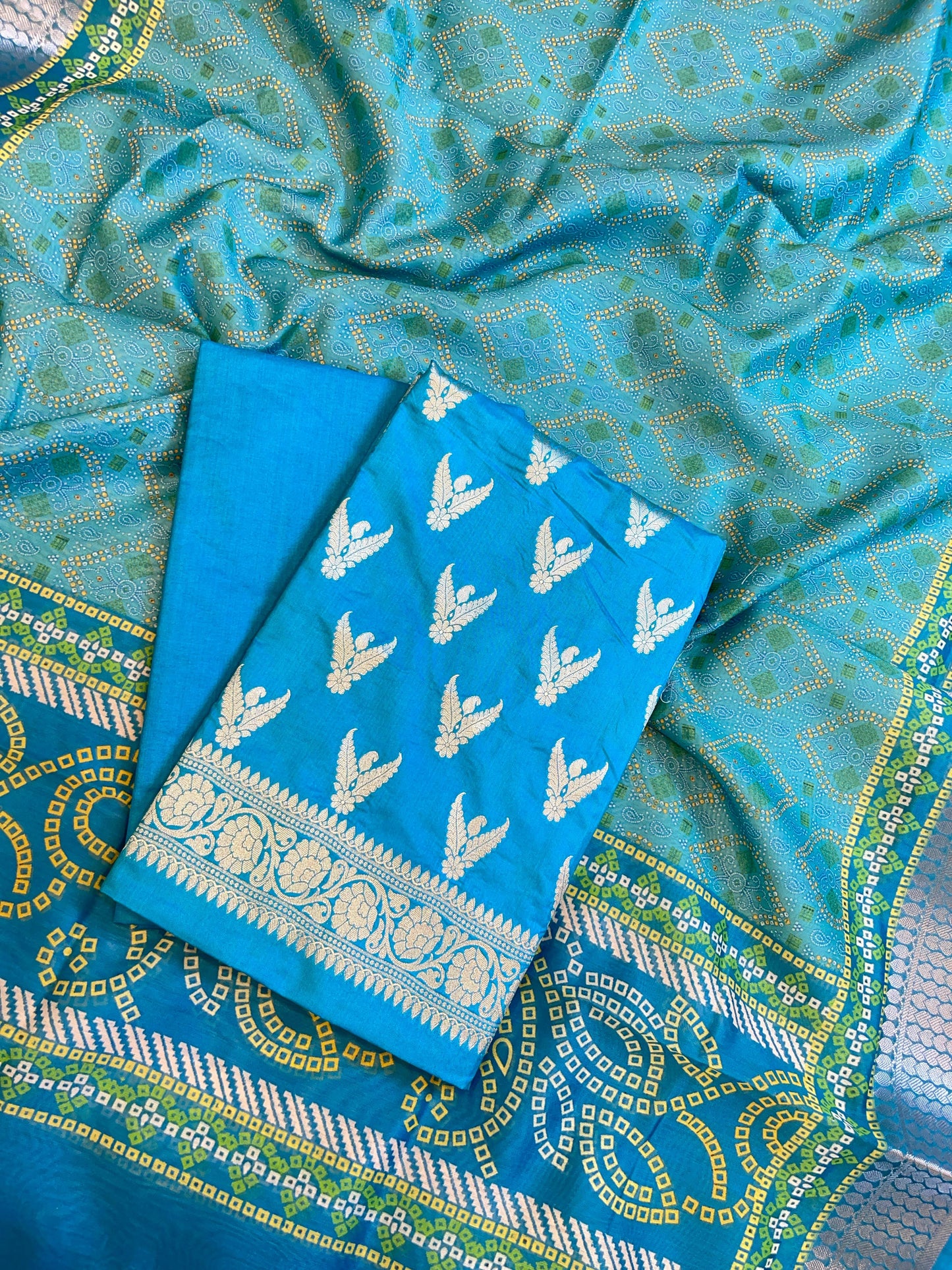 Seagreen Katan Silk Zari Zig-Zag with Cotton Print Dupatta Banarasi 3 pcs Suit Set 1500AJ_KCP18