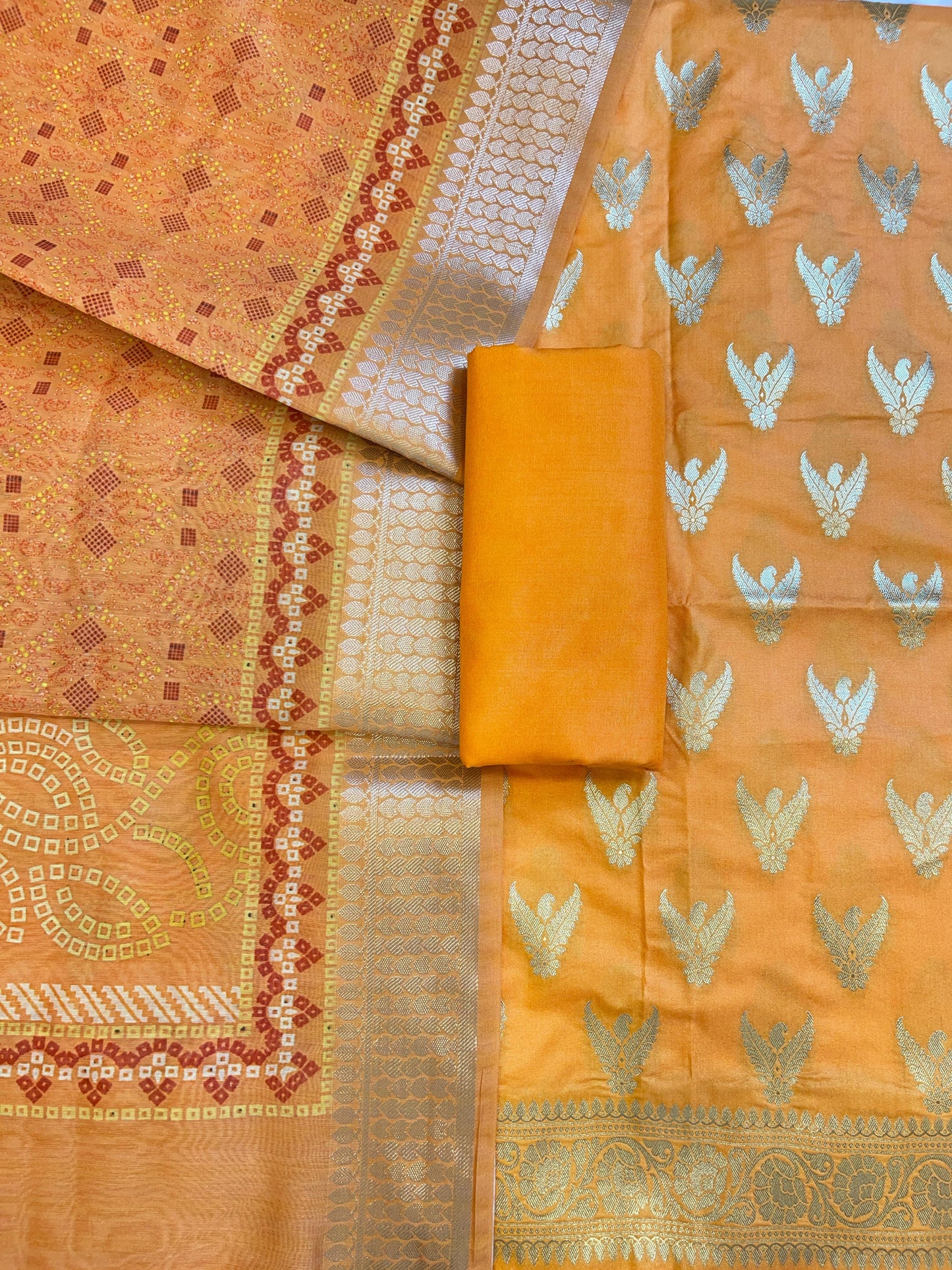 Yellow Katan Silk Zari Zig-Zag with Cotton Print Dupatta Banarasi 3 pcs Suit Set 1500AJ_KCP19
