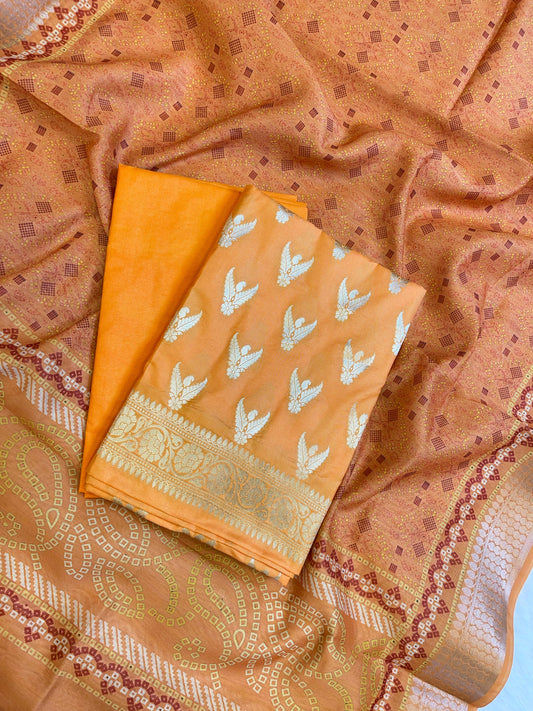 Yellow Katan Silk Zari Zig-Zag with Cotton Print Dupatta Banarasi 3 pcs Suit Set 1500AJ_KCP19