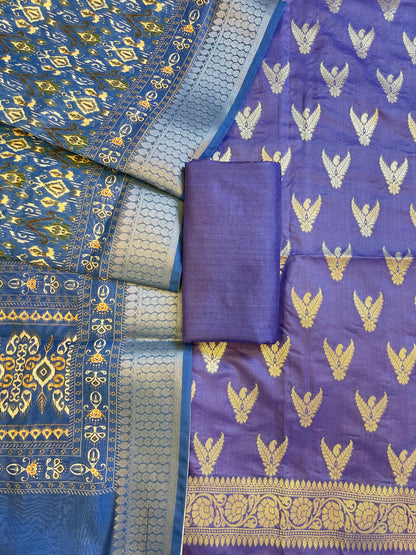 Violet Blue Katan Silk Zari Zig-Zag with Cotton Print Dupatta Banarasi 3 pcs Suit Set 1500AJ_KCP20