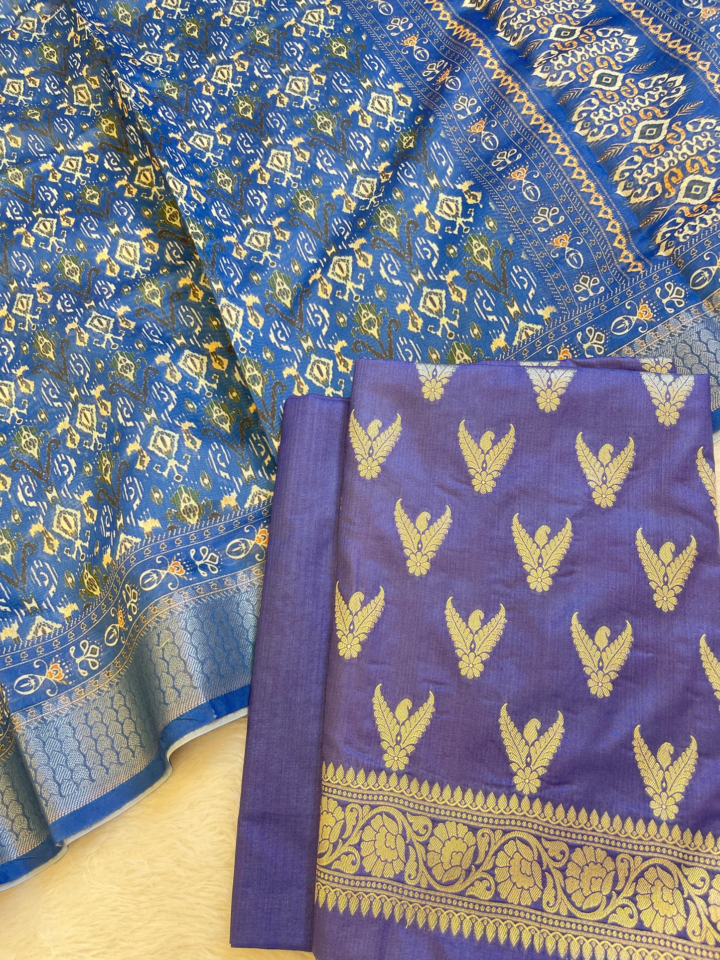Violet Blue Katan Silk Zari Zig-Zag with Cotton Print Dupatta Banarasi 3 pcs Suit Set 1500AJ_KCP20