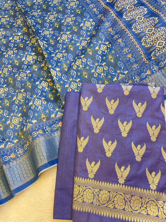 Violet Blue Katan Silk Zari Zig-Zag with Cotton Print Dupatta Banarasi 3 pcs Suit Set 1500AJ_KCP20