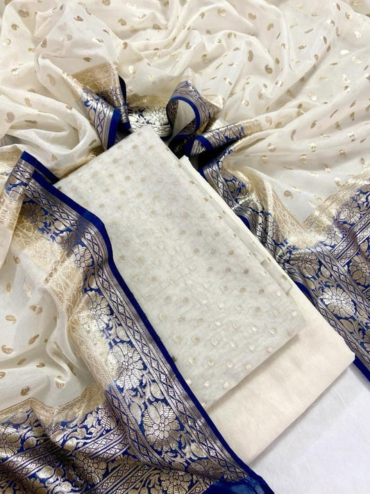 Blue Pure Mercerised Lorex weave Contrast Dupatta Banarasi Suit Set 1200SKL_PM22