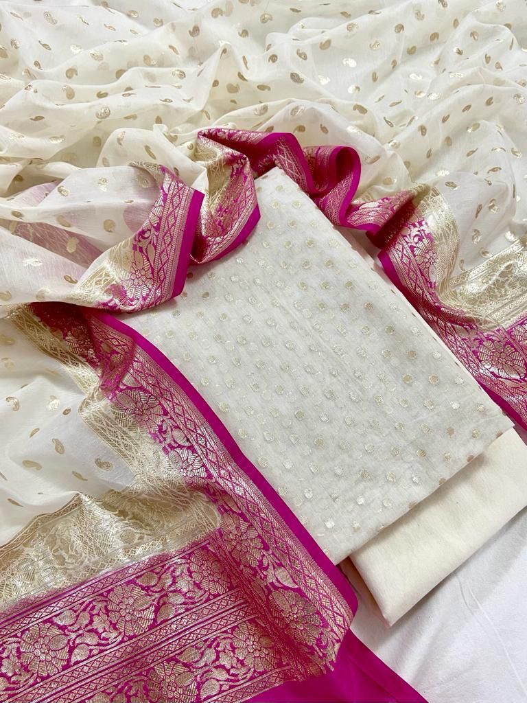Pink Pure Mercerised Lorex weave Contrast Dupatta Banarasi Suit Set 1200SKL_PM24