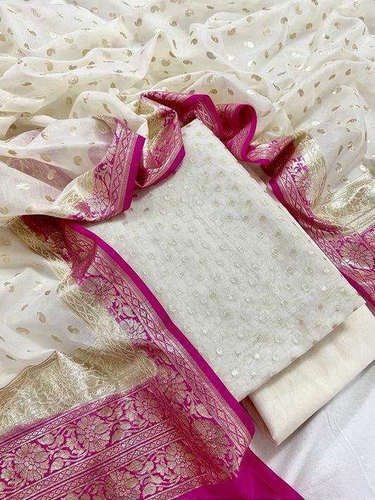 Pink Pure Mercerised Lorex weave Contrast Dupatta Banarasi Suit Set 1200SKL_PM24