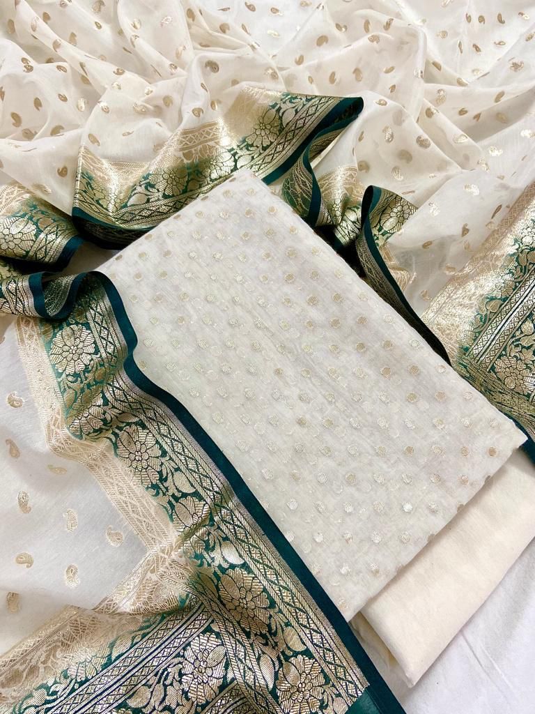 Dark Green Pure Mercerised Lorex weave Contrast Dupatta Banarasi Suit Set 1200SKL_PM23